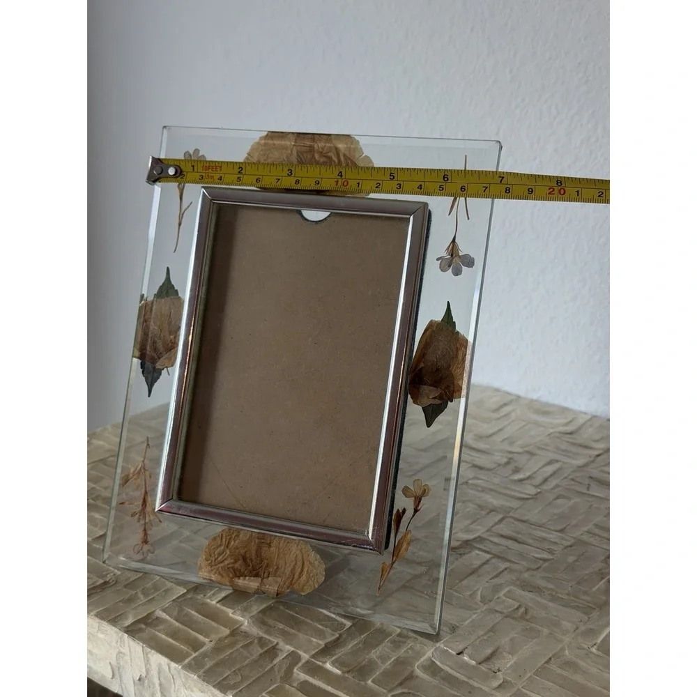 Glass Dried Pressed Flower Floral Photo Frame Clear/Silver Freestanding